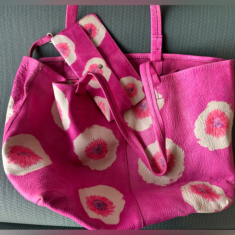 Anthropologie Pink Leather Tote with white flowers